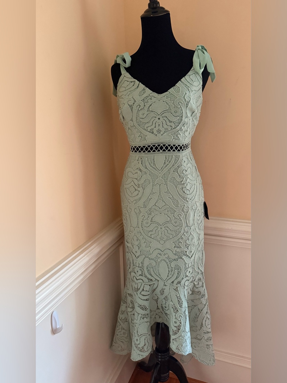 lulus Sage Green Lace Tie-Strap High-Low Midi Dress Sz XS